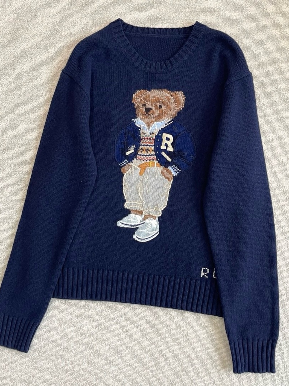 Ralph Lauren Navy Bear Patch Crewneck Sweater